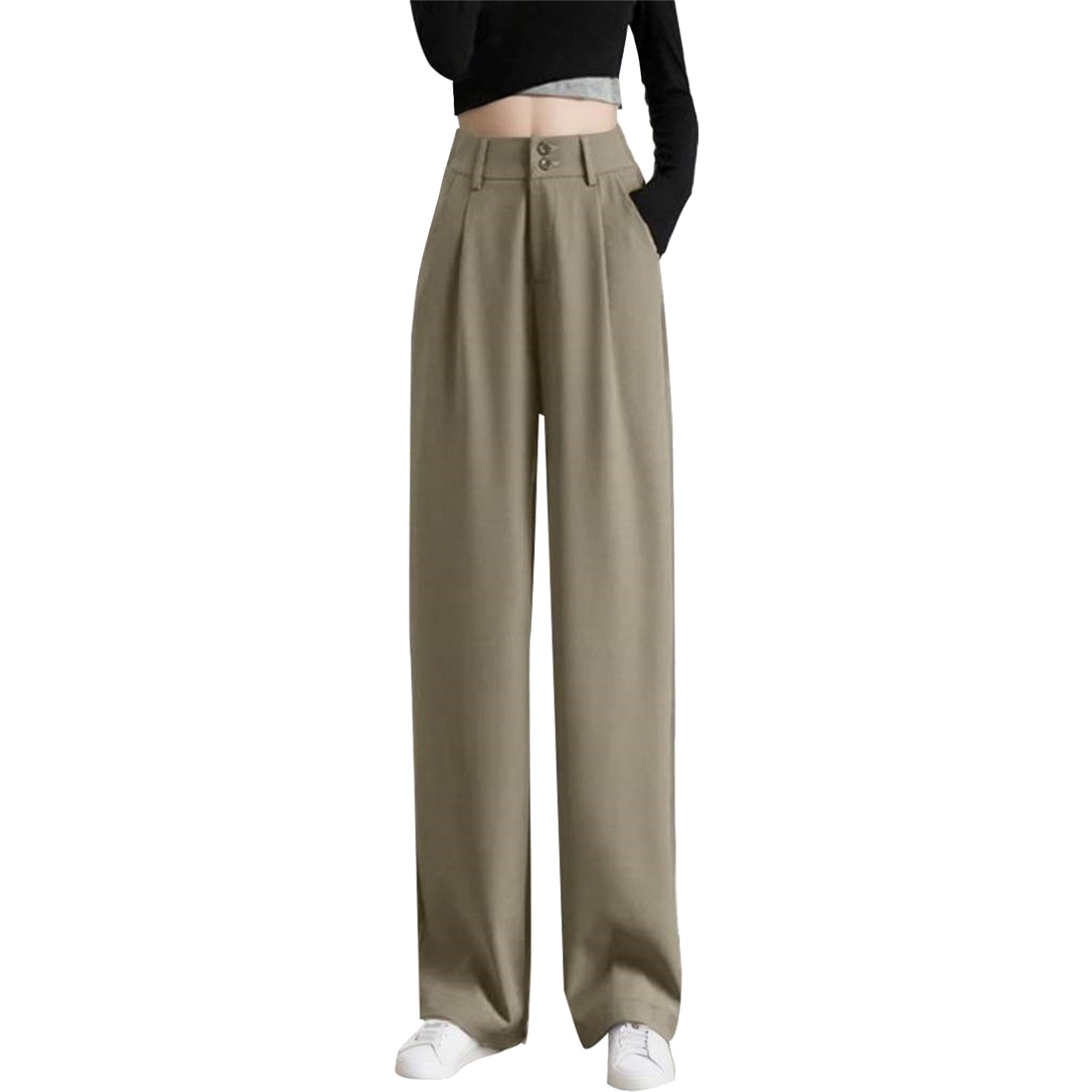 thumbnail image 2 of Pantalones de mujer de cintura alta y pierna ancha - Pantalones de trabajo elásticos por detrás para el verano, 2 of 5